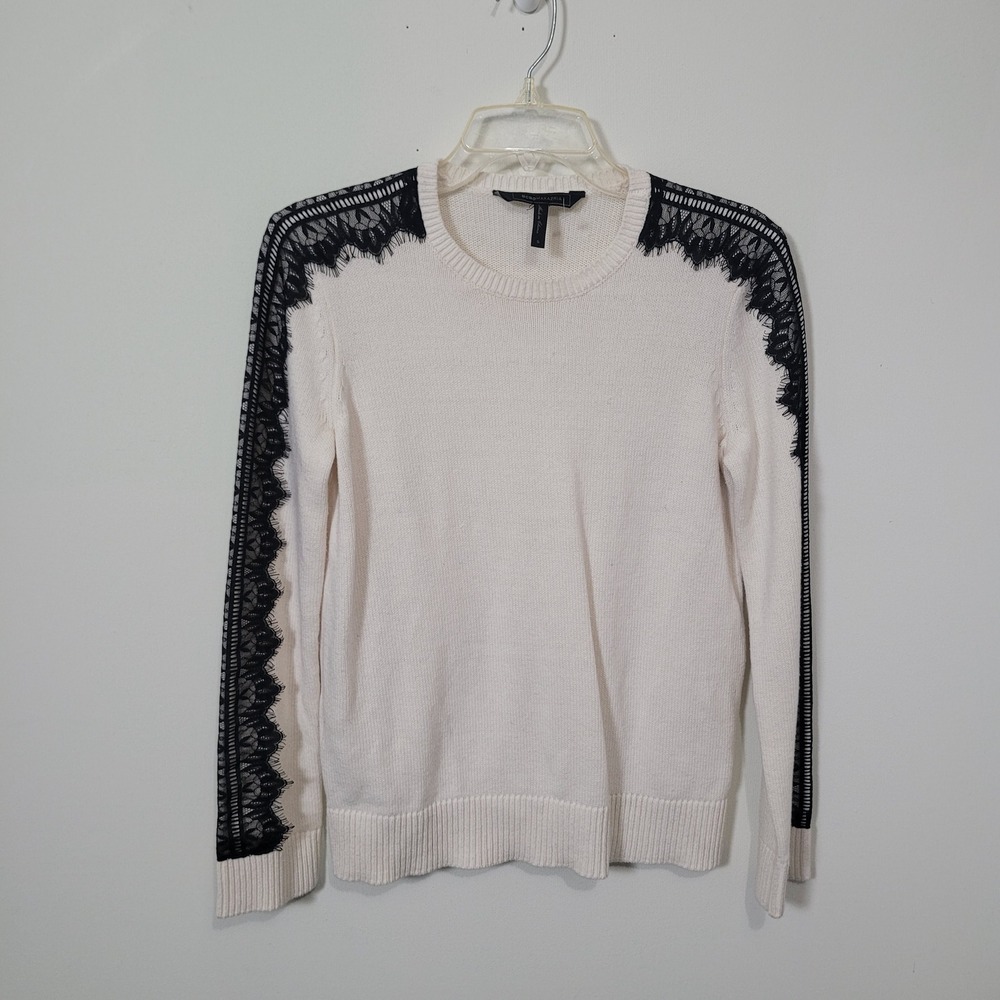 BCBGMAXAZRIA Size S Sweater Womens Cream Black Lace Trim Long Sleeve Pullover